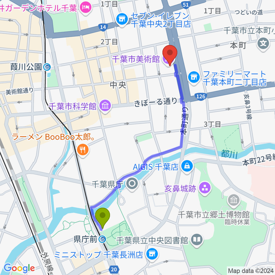 県庁前駅から千葉市美術館へのルートマップ地図