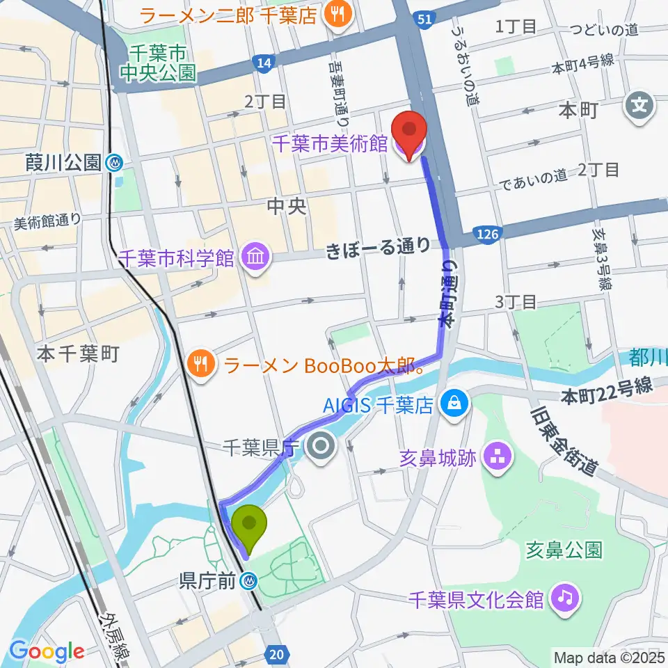 県庁前駅から千葉市美術館へのルートマップ地図