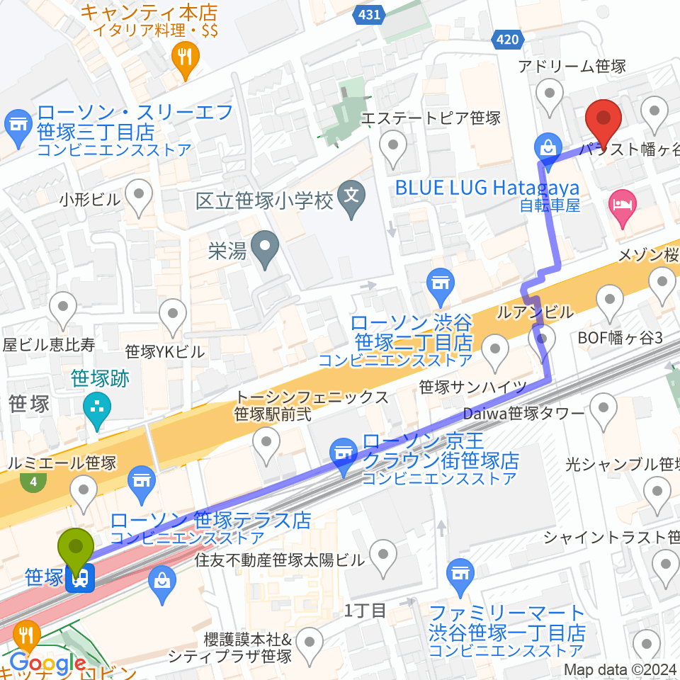 笹塚駅から五味和楽器店 東京店へのルートマップ地図