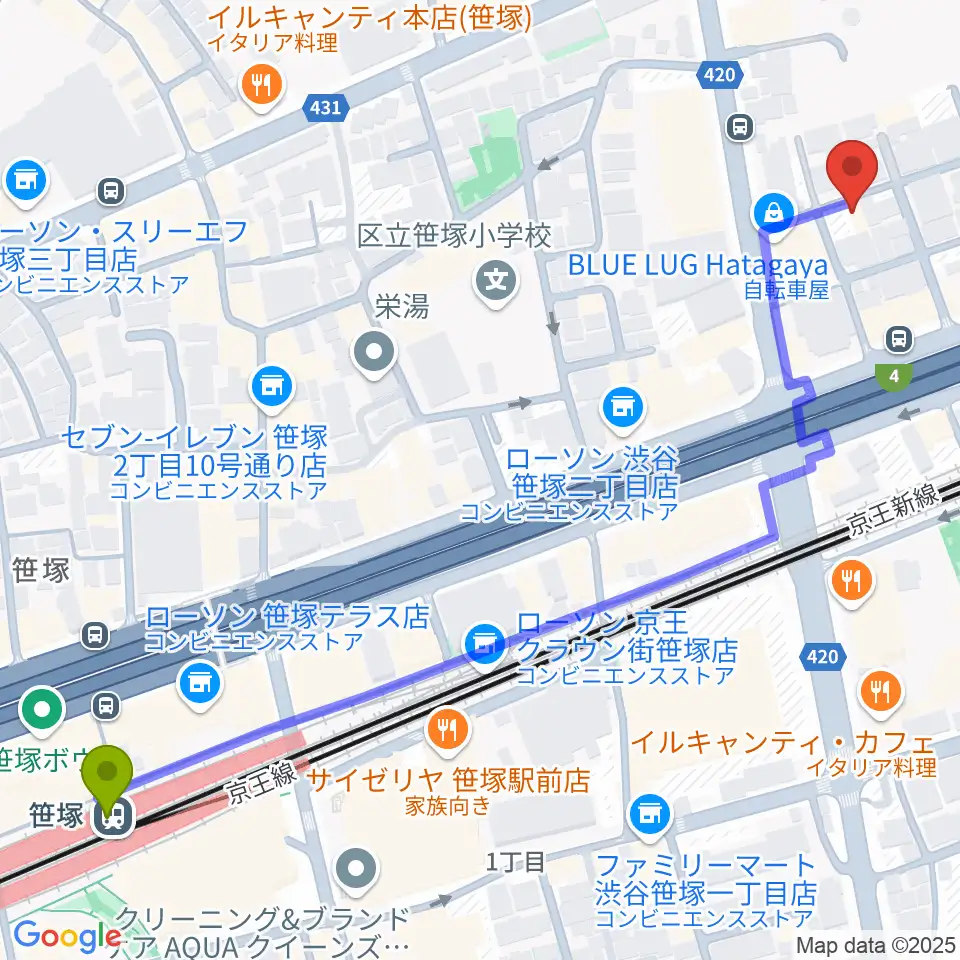 笹塚駅から五味和楽器店 東京店へのルートマップ地図