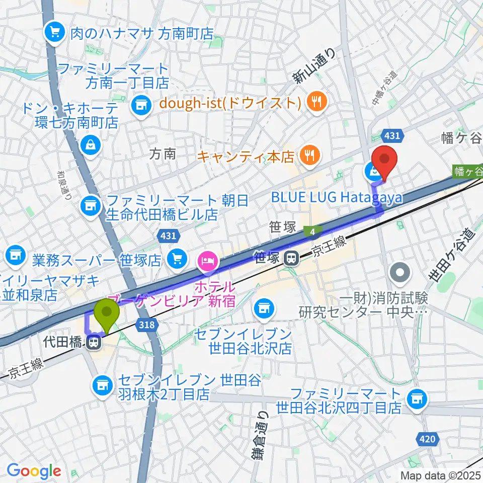 代田橋駅から五味和楽器店 東京店へのルートマップ地図