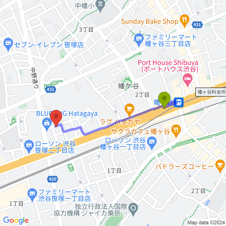 五味和楽器店 東京店の最寄駅幡ヶ谷駅からの徒歩ルート（約8分）地図