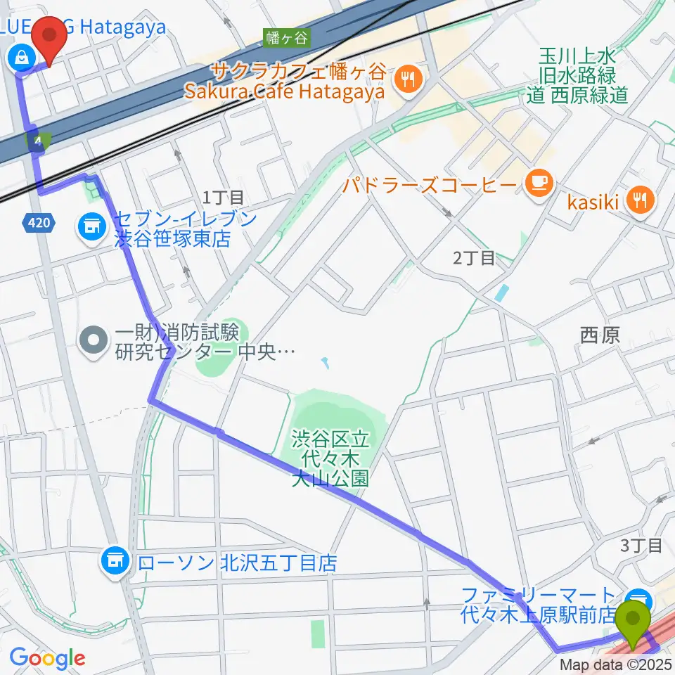 代々木上原駅から五味和楽器店 東京店へのルートマップ地図