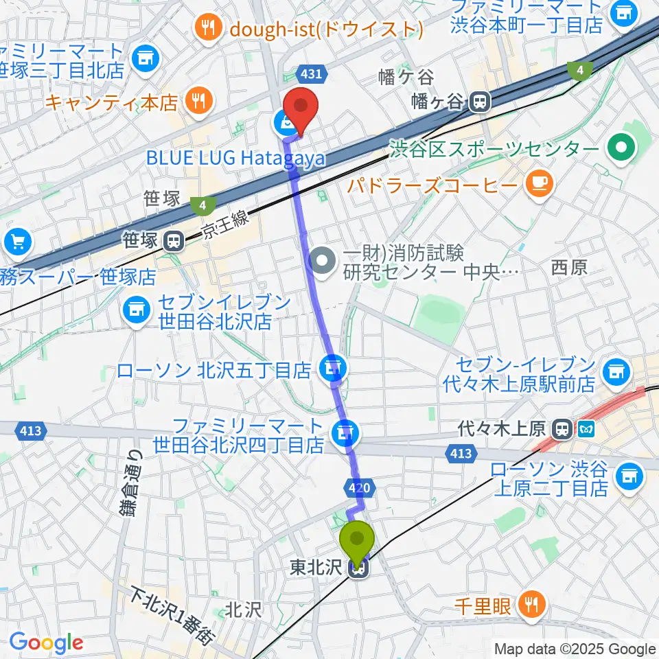 東北沢駅から五味和楽器店 東京店へのルートマップ地図