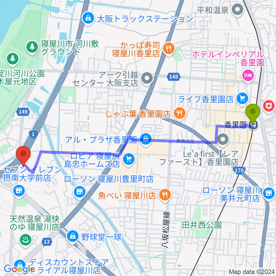 アトリエピアノピアの最寄駅香里園駅からの徒歩ルート（約27分）地図