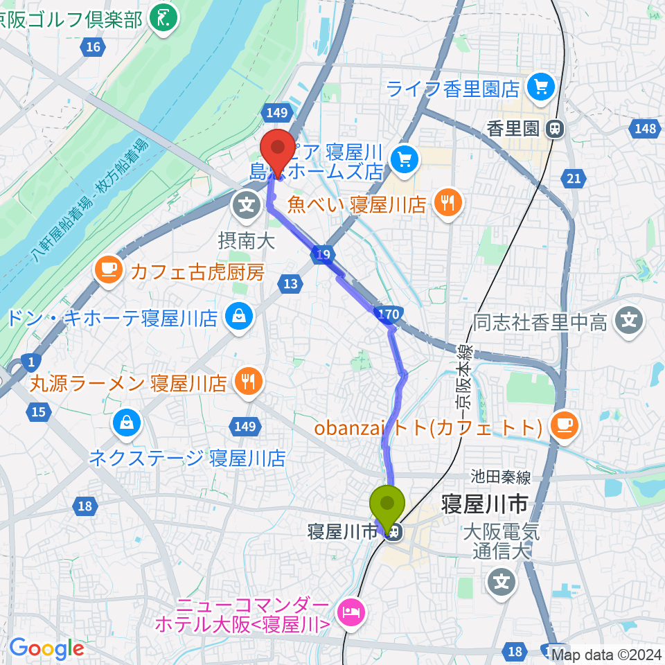 寝屋川市駅からアトリエピアノピアへのルートマップ地図