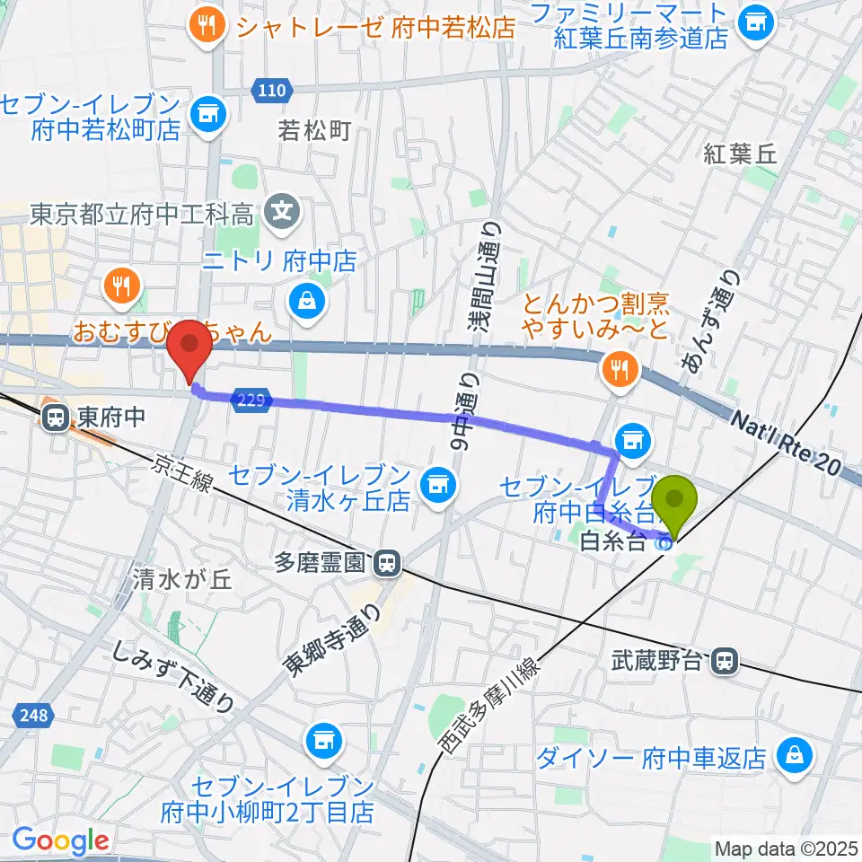 白糸台駅からミュージックサロン・サングレースへのルートマップ地図