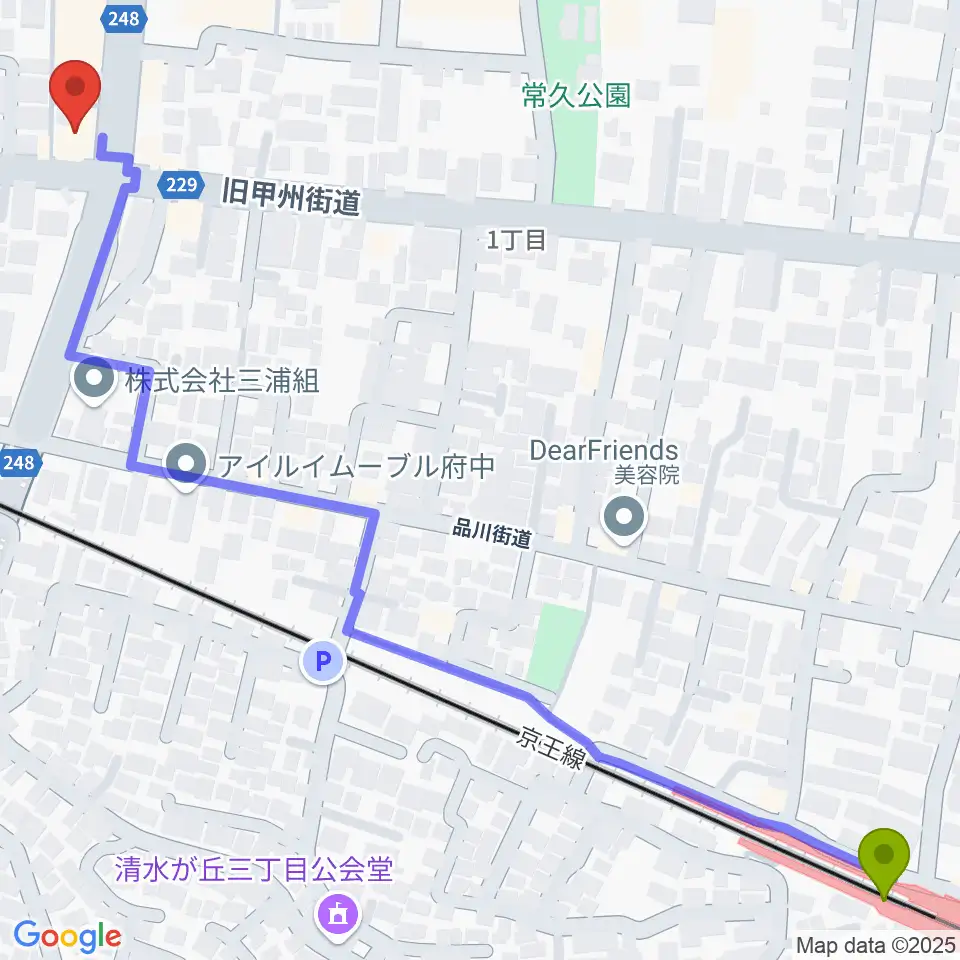多磨霊園駅からミュージックサロン・サングレースへのルートマップ地図