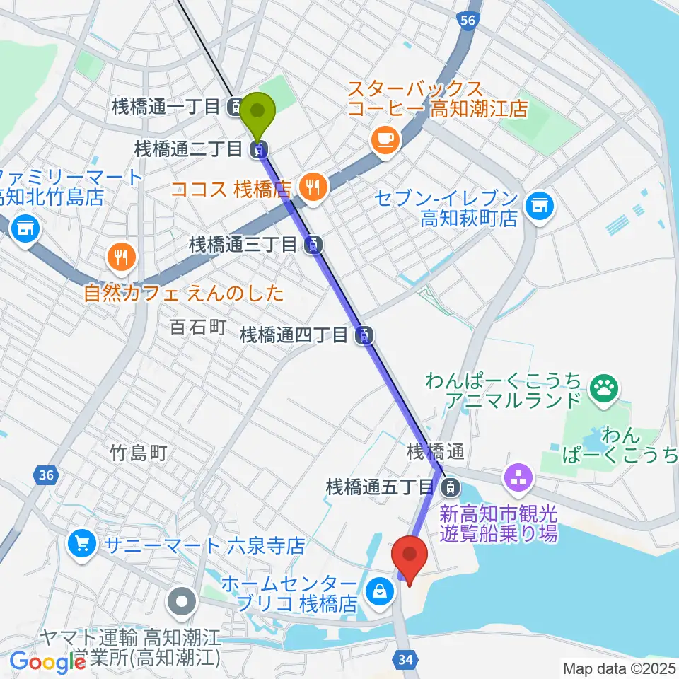 桟橋通二丁目駅から高知BAY5 SQUAREへのルートマップ地図