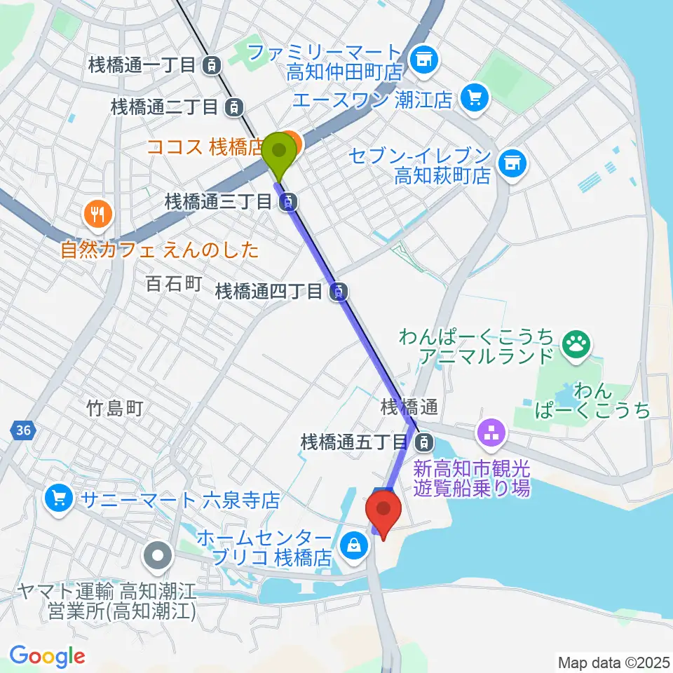 桟橋通三丁目駅から高知BAY5 SQUAREへのルートマップ地図