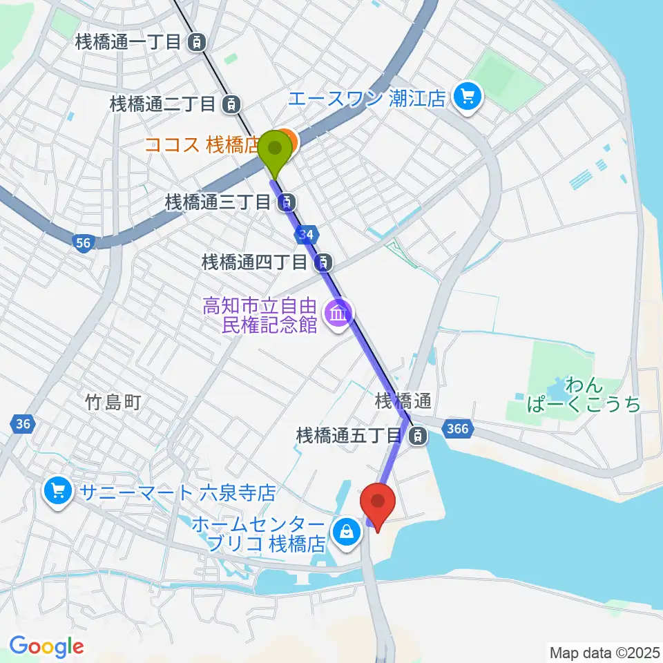 桟橋通三丁目駅から高知BAY5 SQUAREへのルートマップ地図