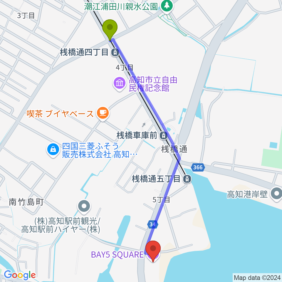 桟橋通四丁目駅から高知BAY5 SQUAREへのルートマップ地図