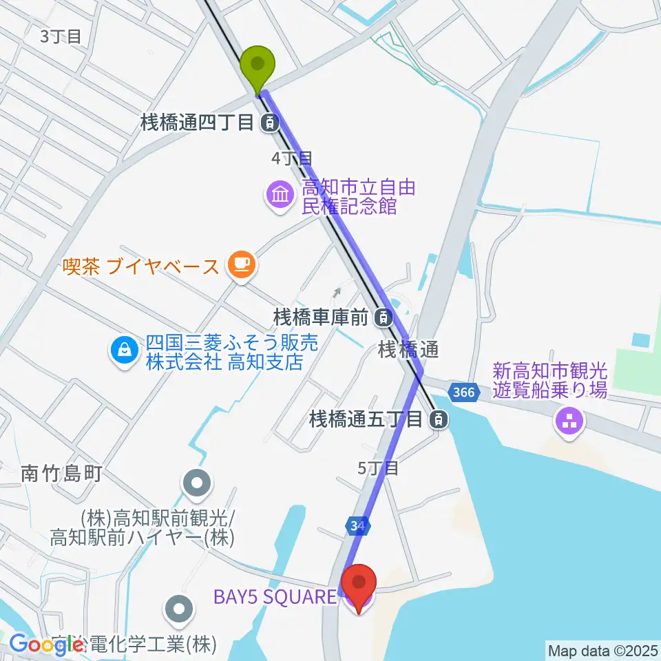 桟橋通四丁目駅から高知BAY5 SQUAREへのルートマップ地図