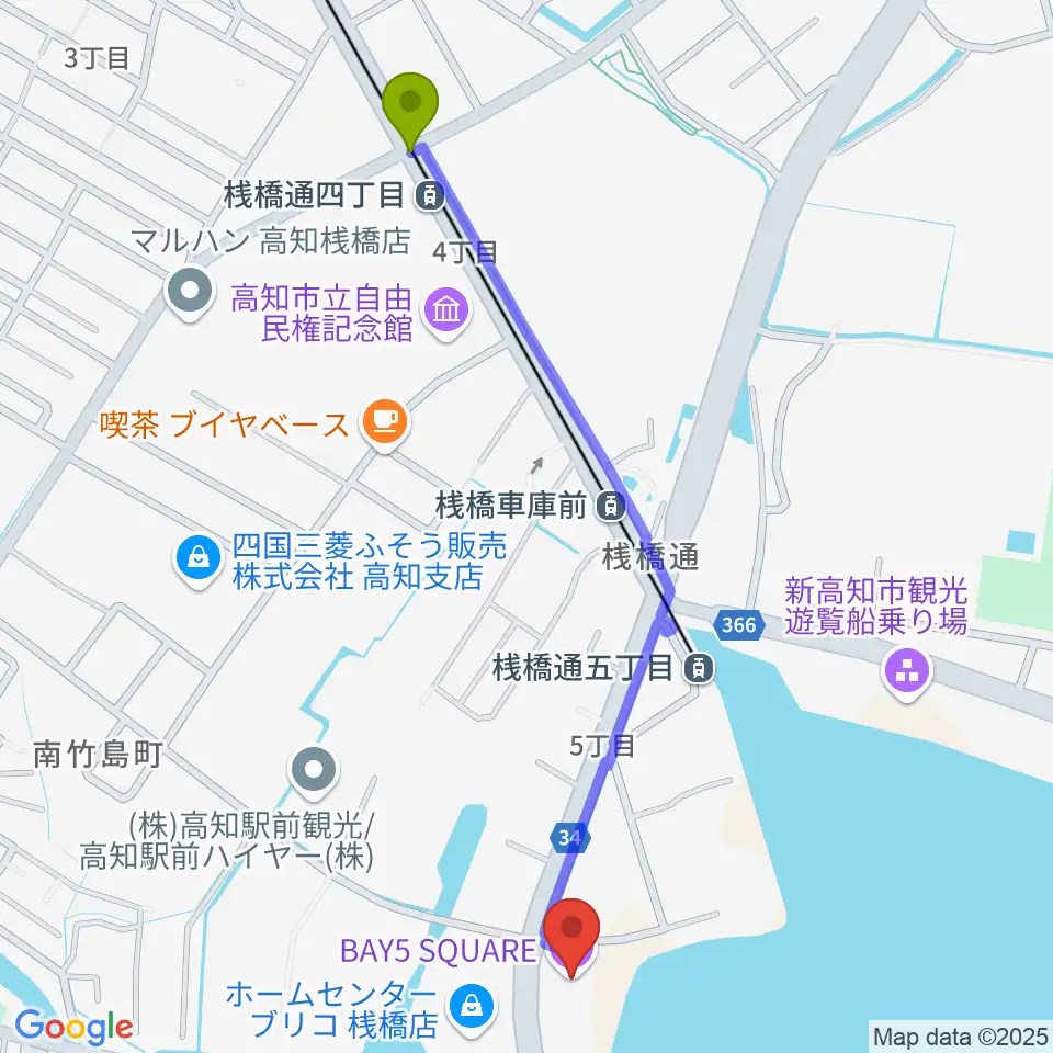 桟橋通四丁目駅から高知BAY5 SQUAREへのルートマップ地図
