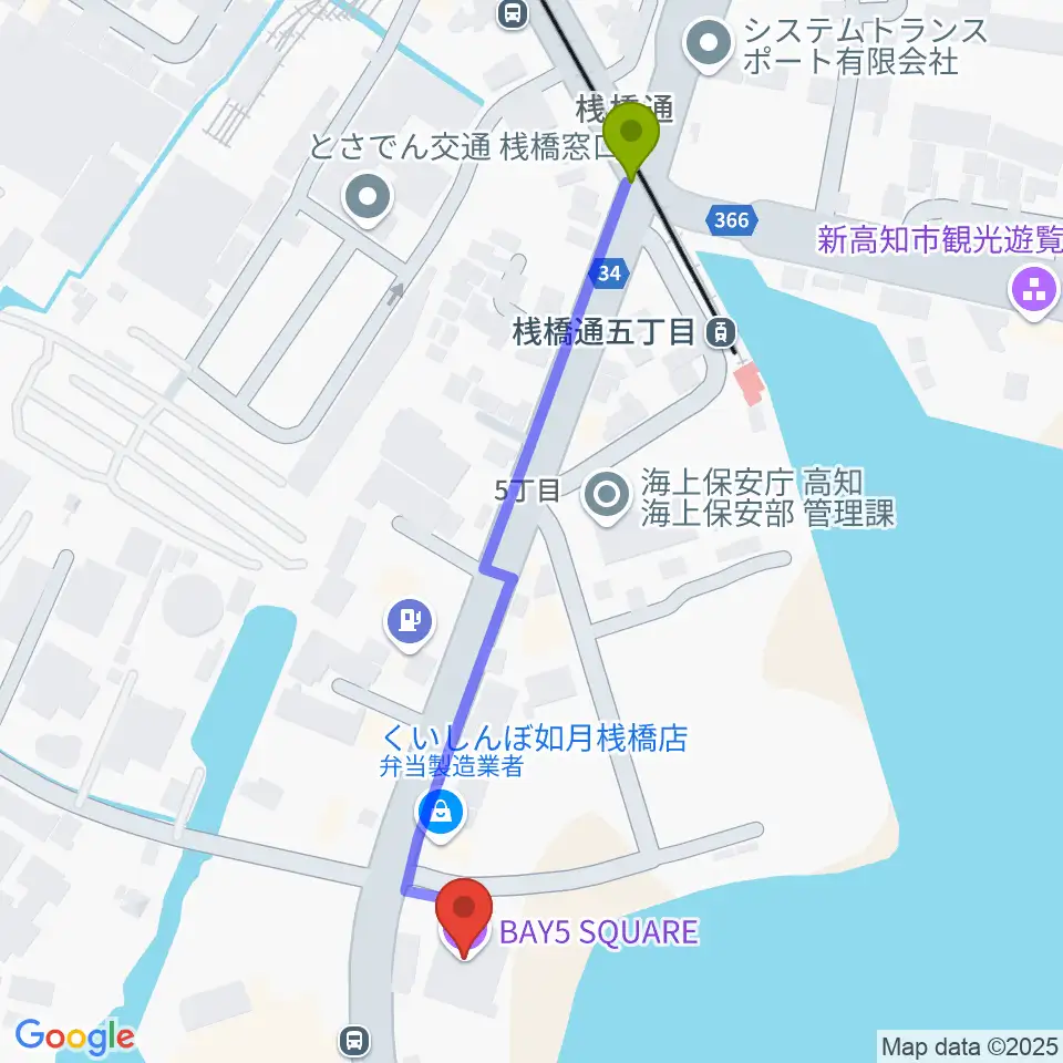 桟橋車庫前駅から高知BAY5 SQUAREへのルートマップ地図