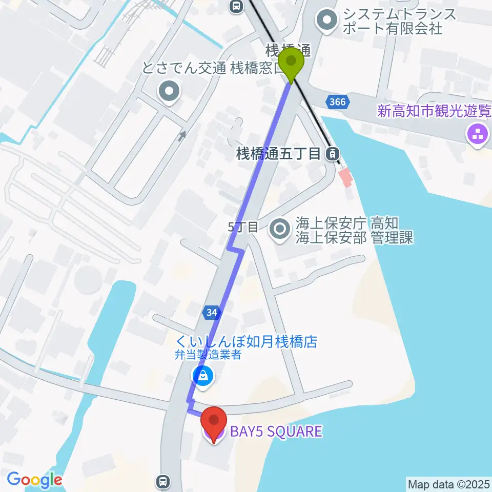 桟橋車庫前駅から高知BAY5 SQUAREへのルートマップ地図