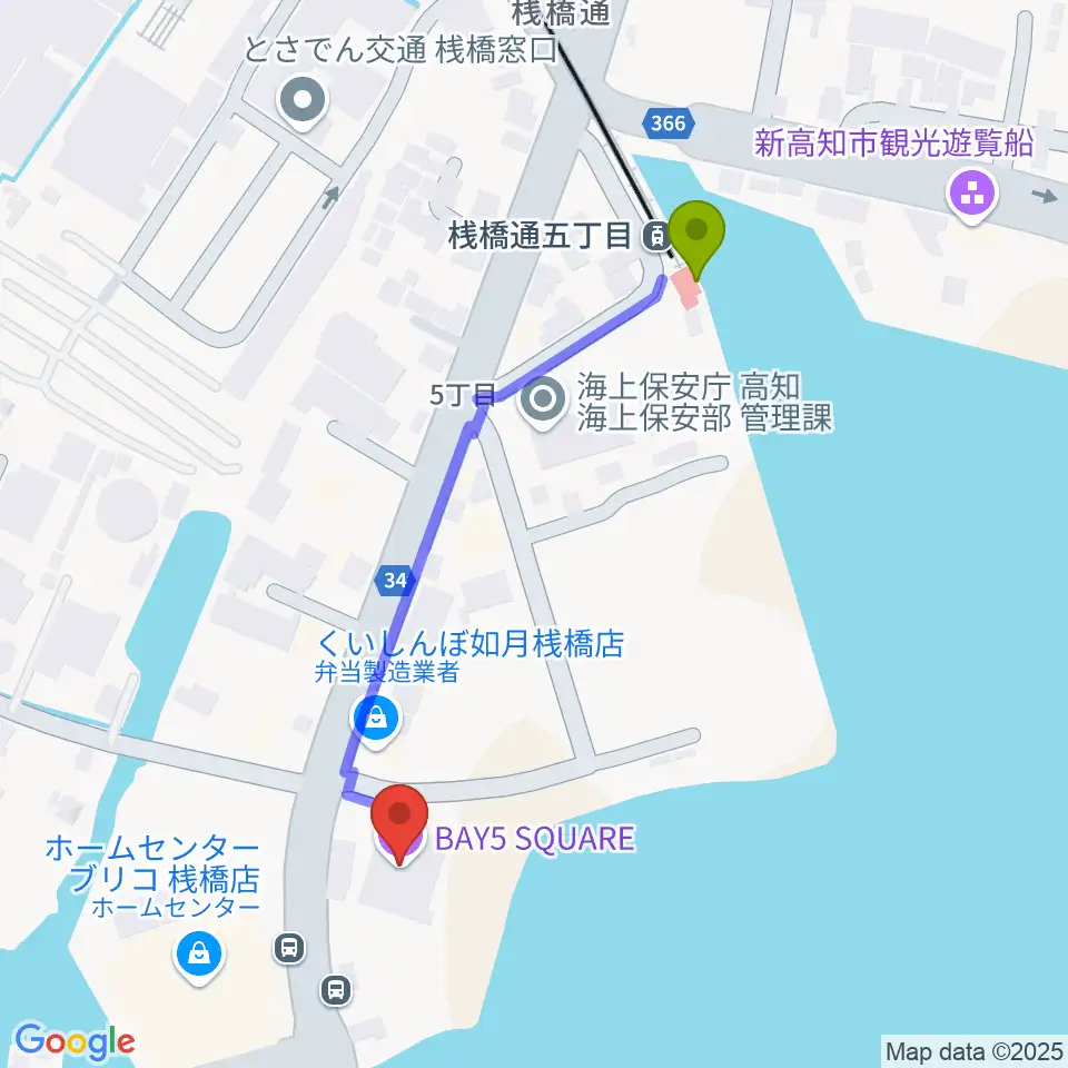 高知BAY5 SQUAREの最寄駅桟橋通五丁目駅からの徒歩ルート（約5分）地図