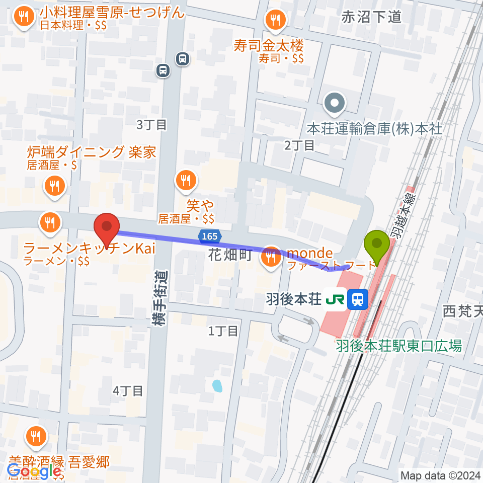 スタジオジプシーワゴンの最寄駅羽後本荘駅からの徒歩ルート（約4分）地図