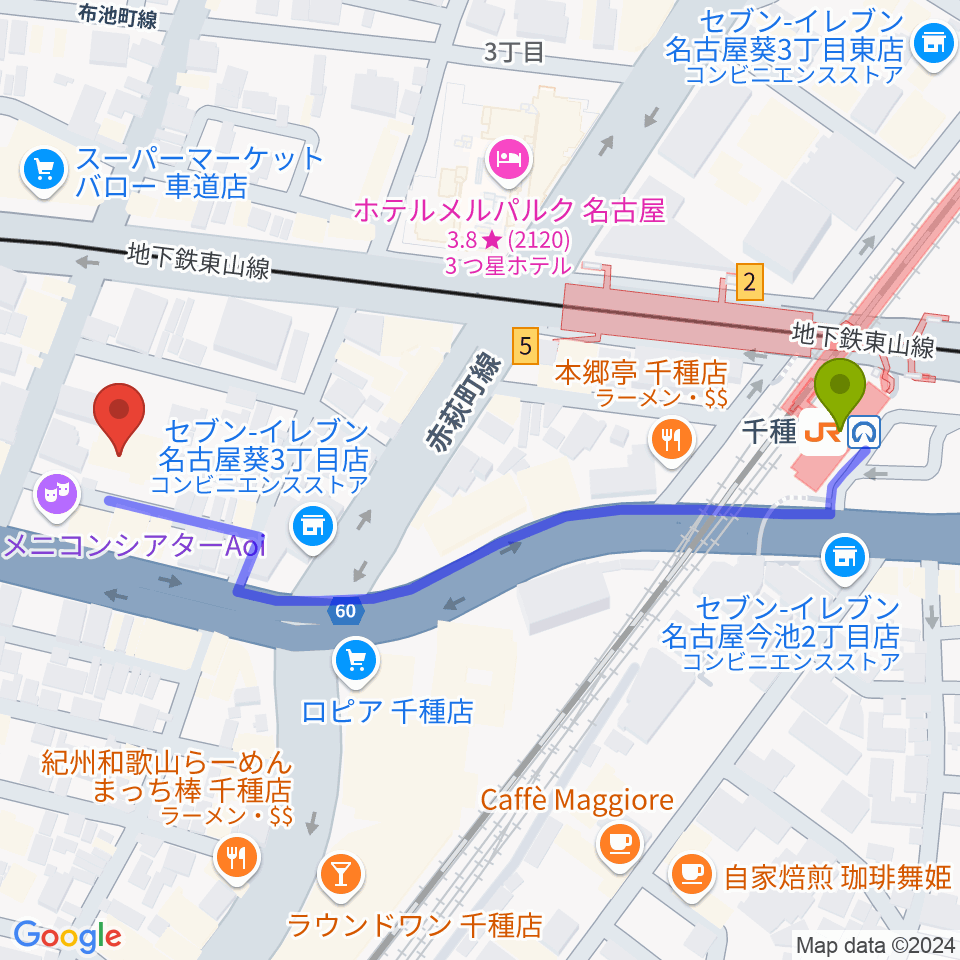 HITOMIホールの最寄駅千種駅からの徒歩ルート（約6分）地図