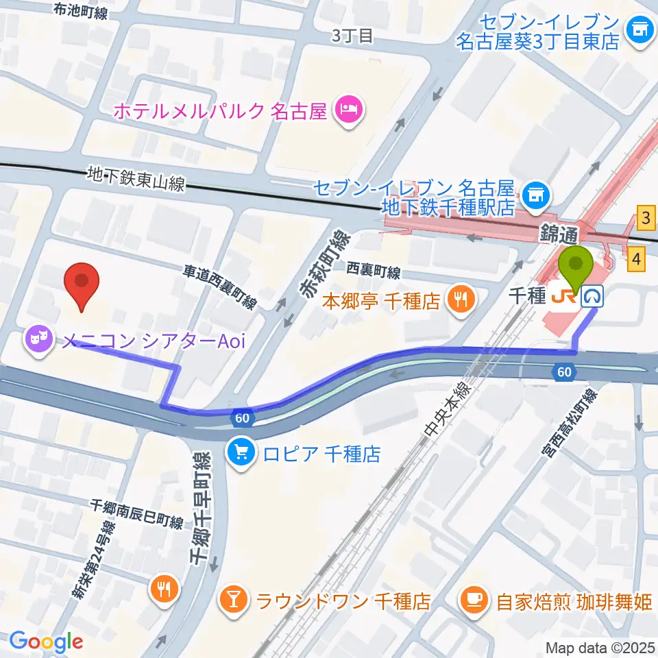 HITOMIホールの最寄駅千種駅からの徒歩ルート（約6分）地図
