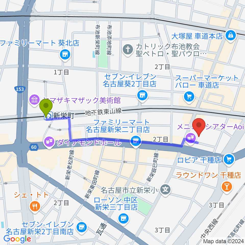 新栄町駅からHITOMIホールへのルートマップ地図