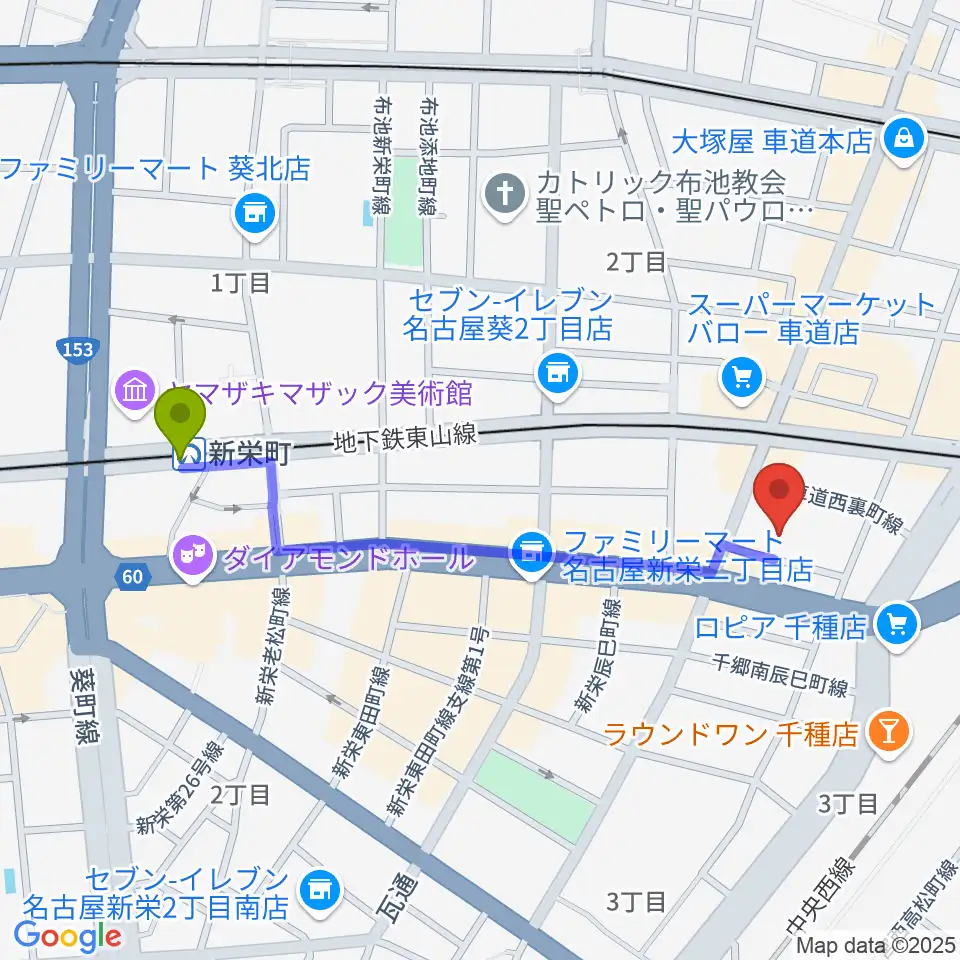 新栄町駅からHITOMIホールへのルートマップ地図