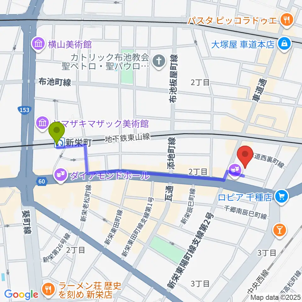 新栄町駅からHITOMIホールへのルートマップ地図