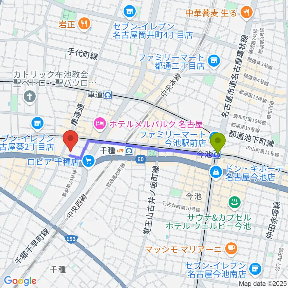 今池駅からHITOMIホールへのルートマップ地図