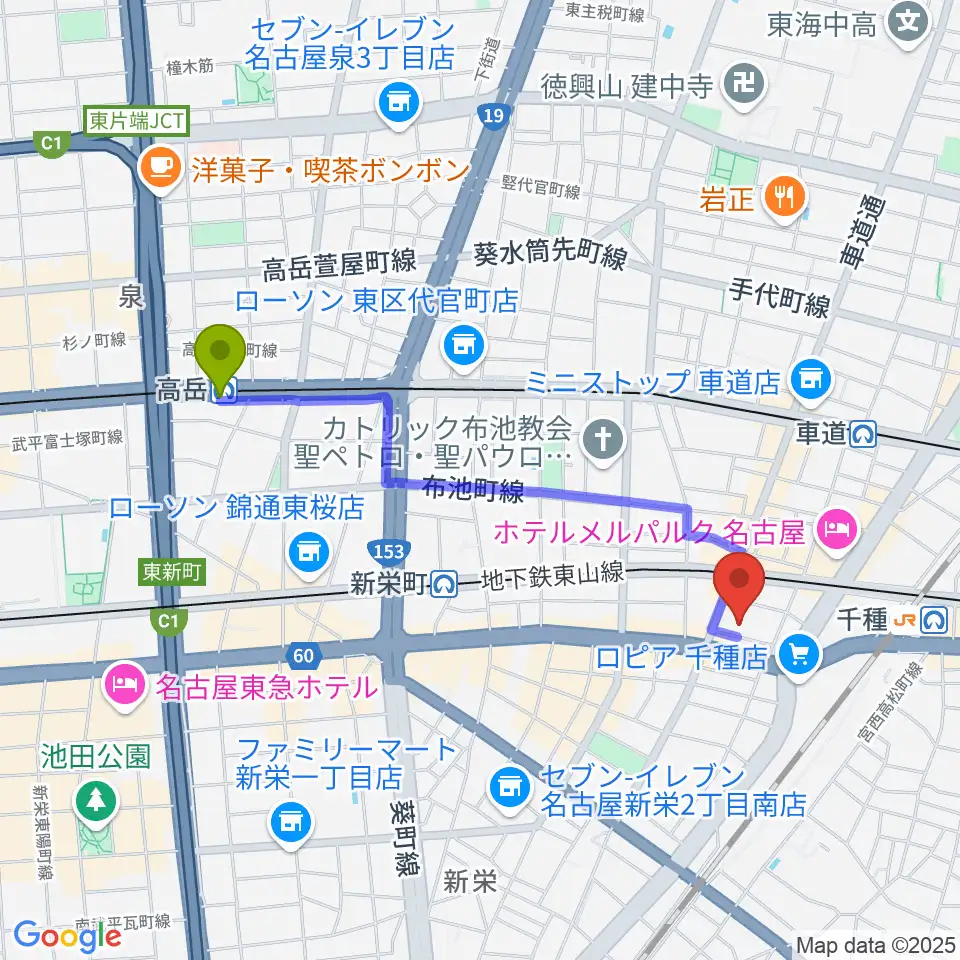 高岳駅からHITOMIホールへのルートマップ地図