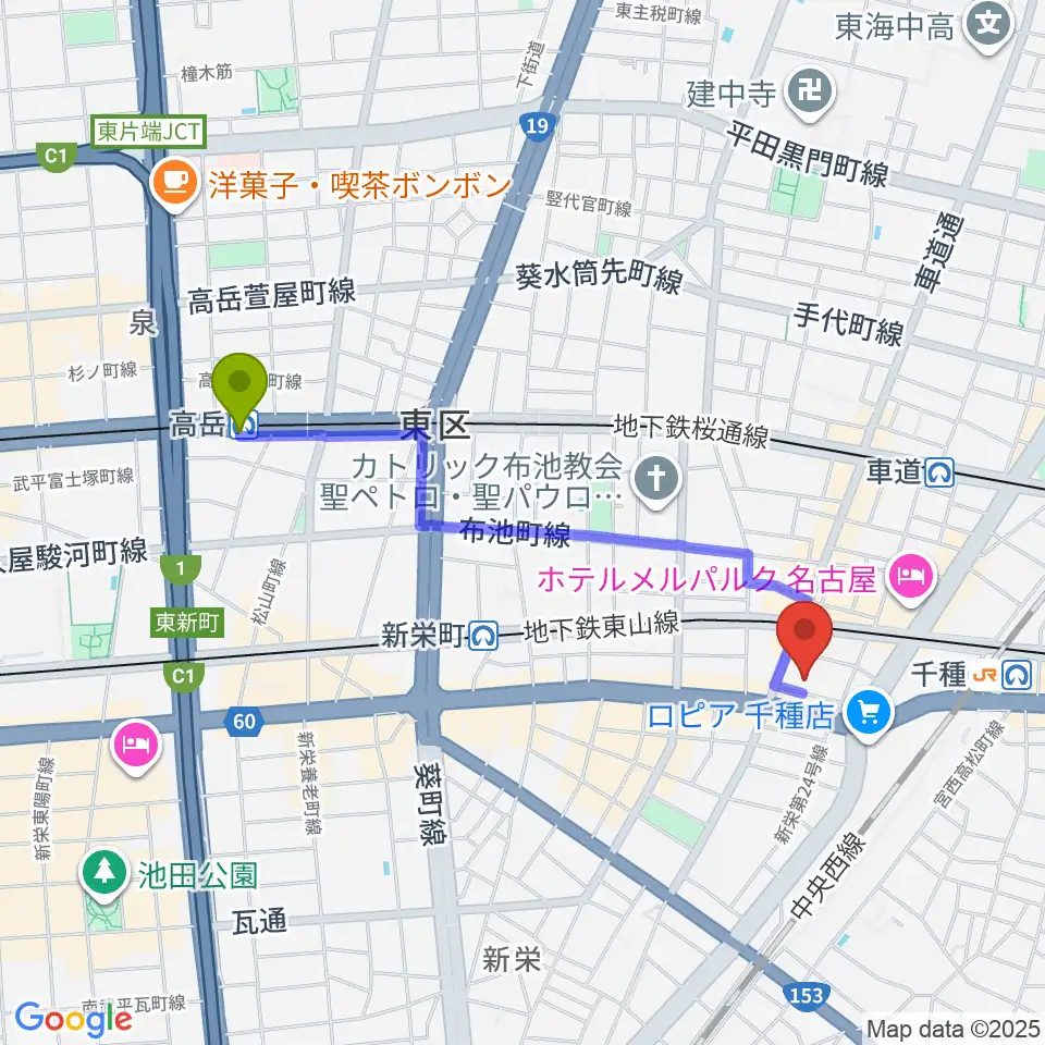 高岳駅からHITOMIホールへのルートマップ地図