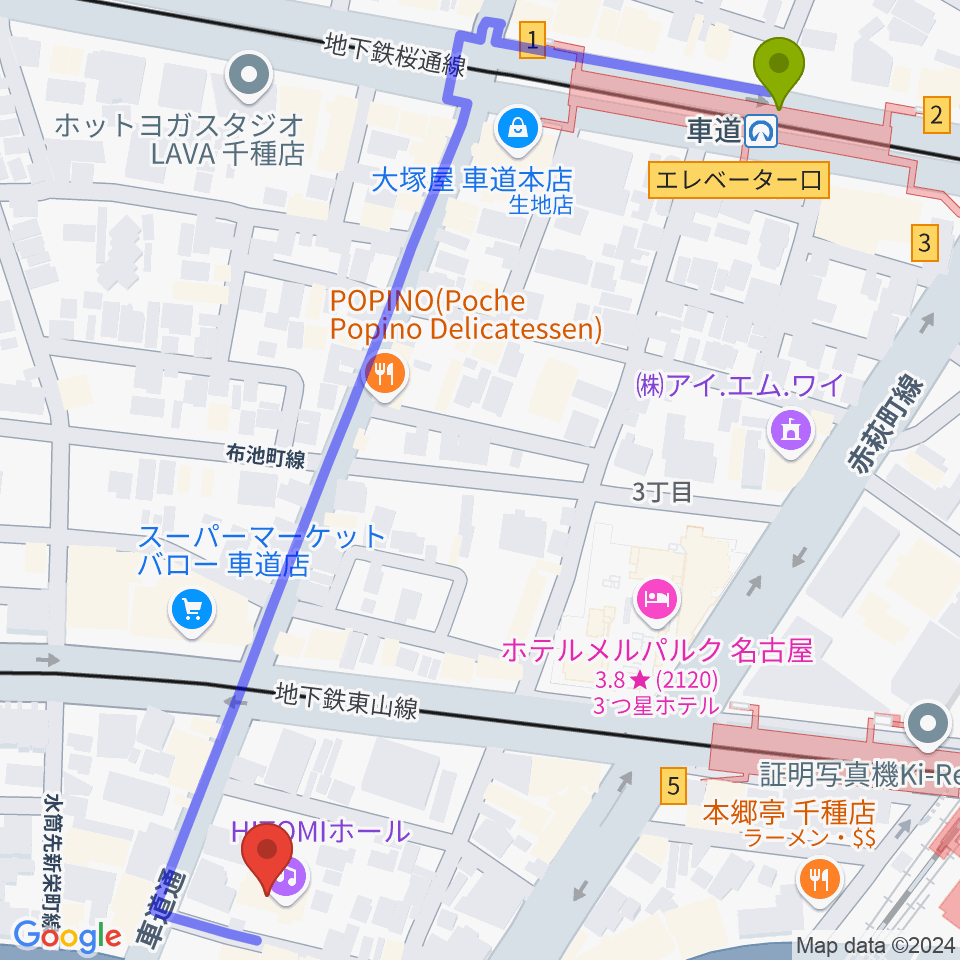 車道駅からHITOMIホールへのルートマップ地図