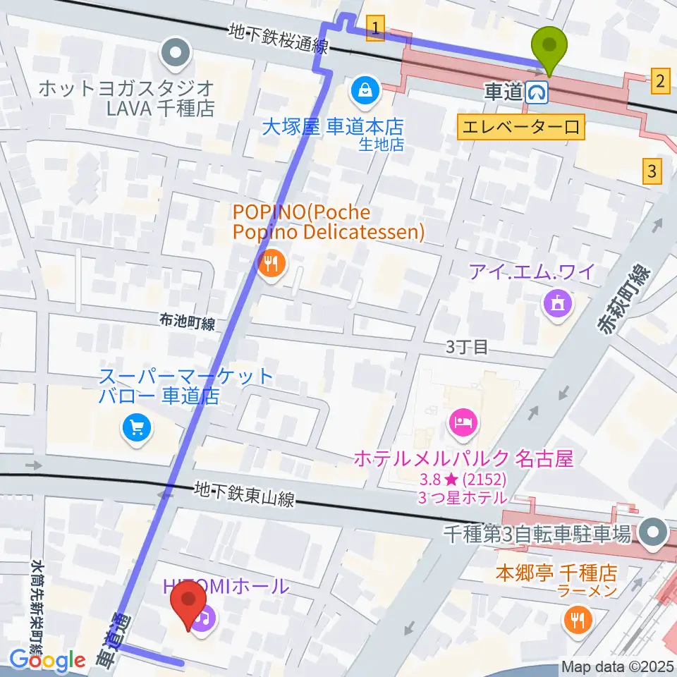 車道駅からHITOMIホールへのルートマップ地図