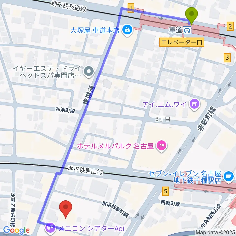 車道駅からHITOMIホールへのルートマップ地図
