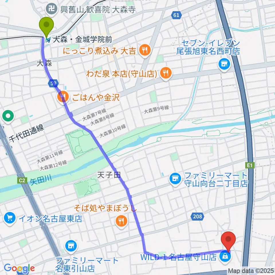 大森・金城学院前駅からさくらホールへのルートマップ地図