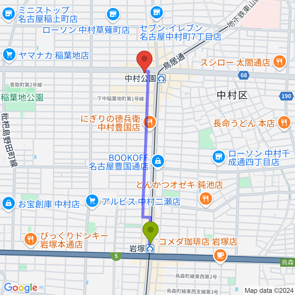 岩塚駅からスタジオ・フィオリーレへのルートマップ地図