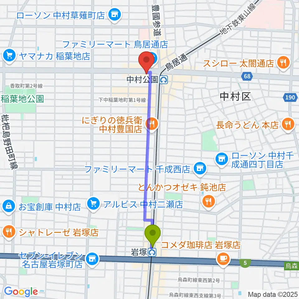 岩塚駅からスタジオ・フィオリーレへのルートマップ地図