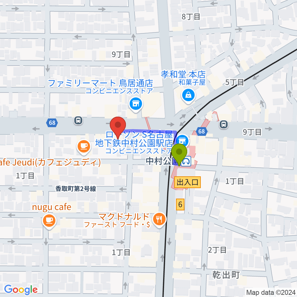 スタジオ・フィオリーレの最寄駅中村公園駅からの徒歩ルート（約2分）地図