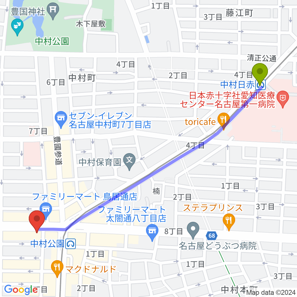 中村日赤駅からスタジオ・フィオリーレへのルートマップ地図