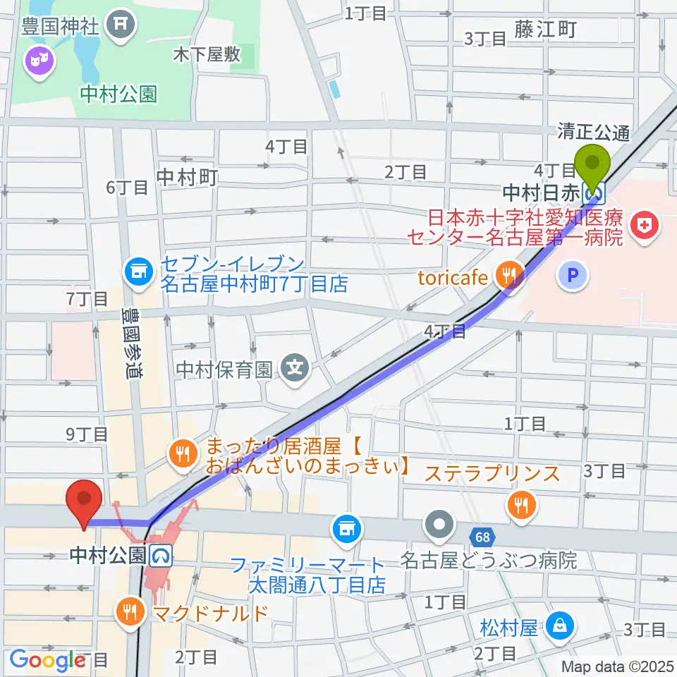 中村日赤駅からスタジオ・フィオリーレへのルートマップ地図