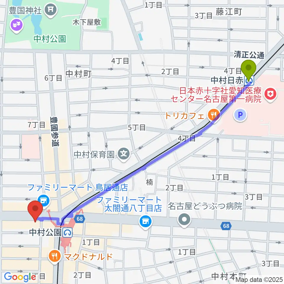 中村日赤駅からスタジオ・フィオリーレへのルートマップ地図