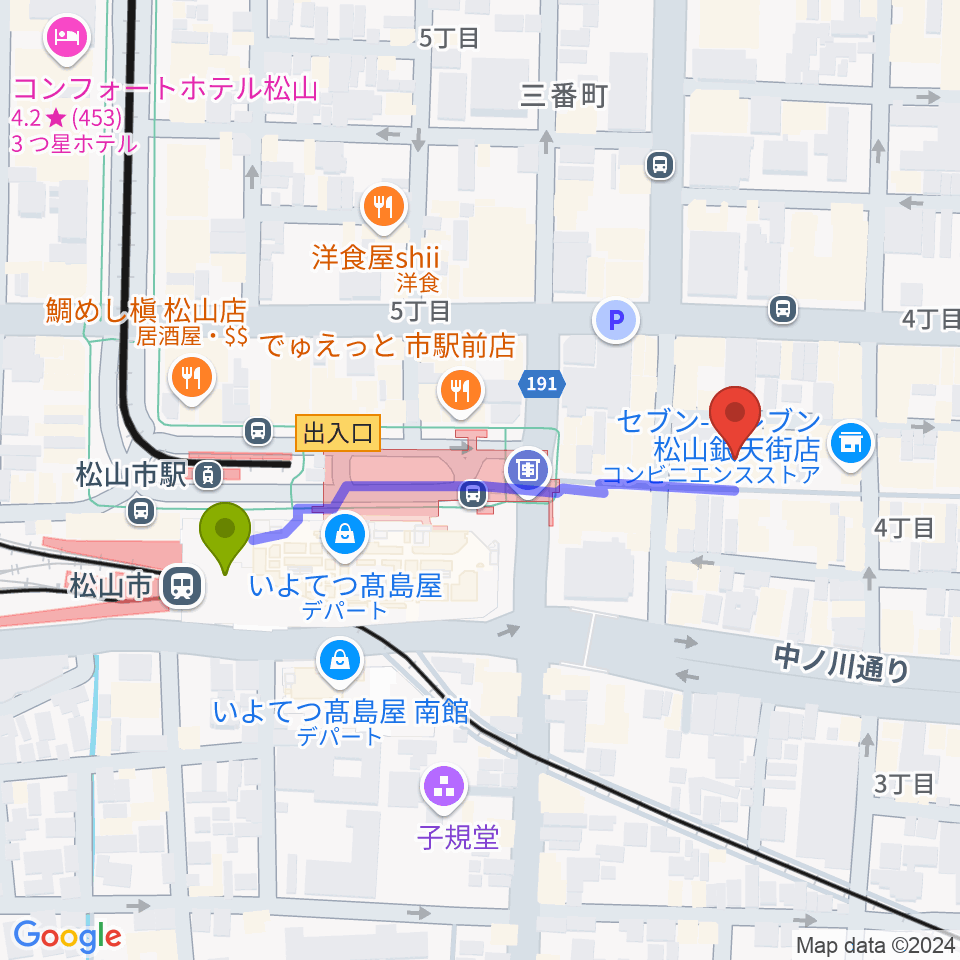 松山WstudioREDの最寄駅松山市駅からの徒歩ルート（約4分）地図