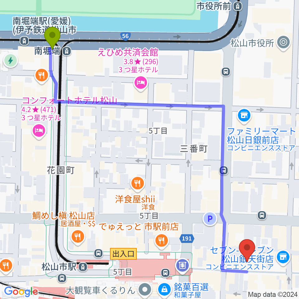 南堀端駅から松山WstudioREDへのルートマップ地図