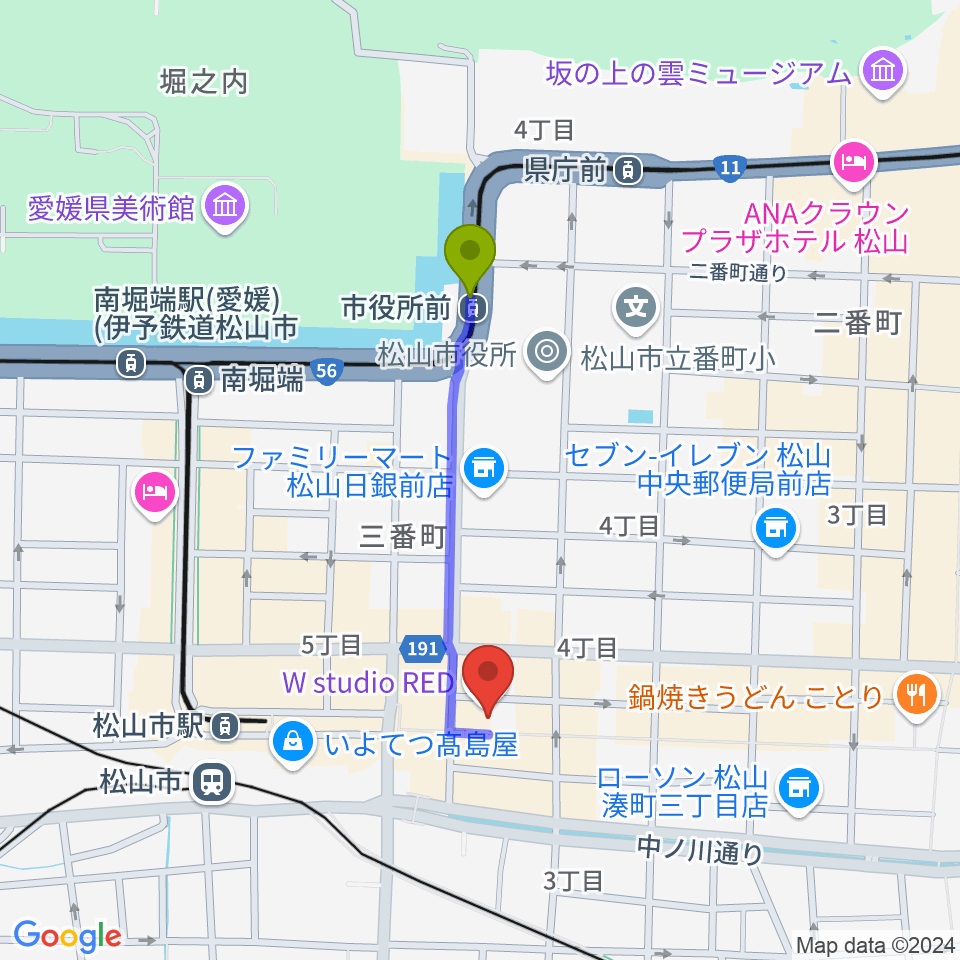 市役所前駅から松山WstudioREDへのルートマップ地図