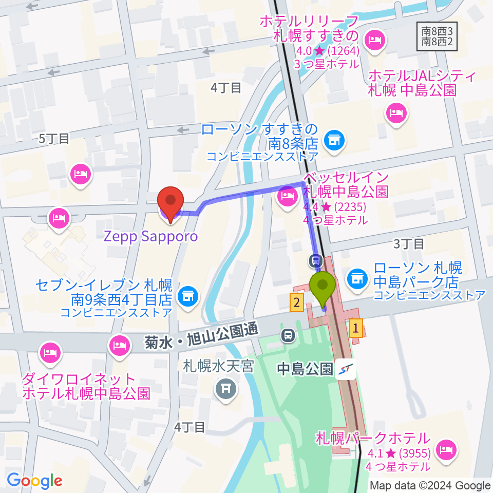 Zepp札幌の最寄駅中島公園駅からの徒歩ルート（約2分）地図