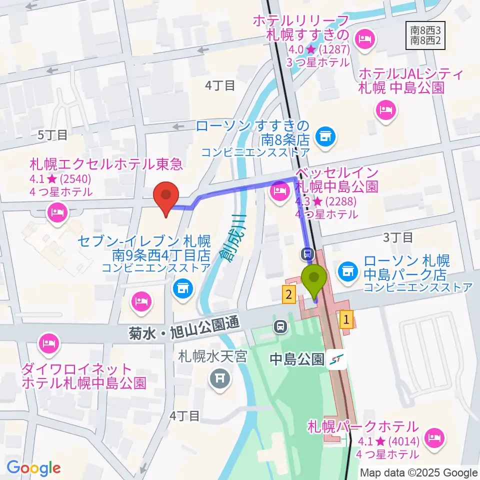 Zepp札幌の最寄駅中島公園駅からの徒歩ルート（約2分）地図