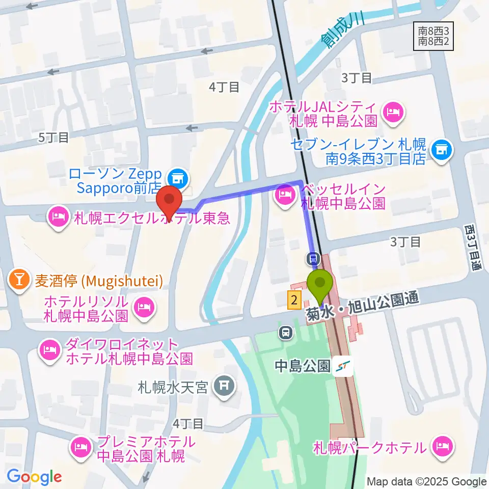Zepp札幌の最寄駅中島公園駅からの徒歩ルート（約2分）地図
