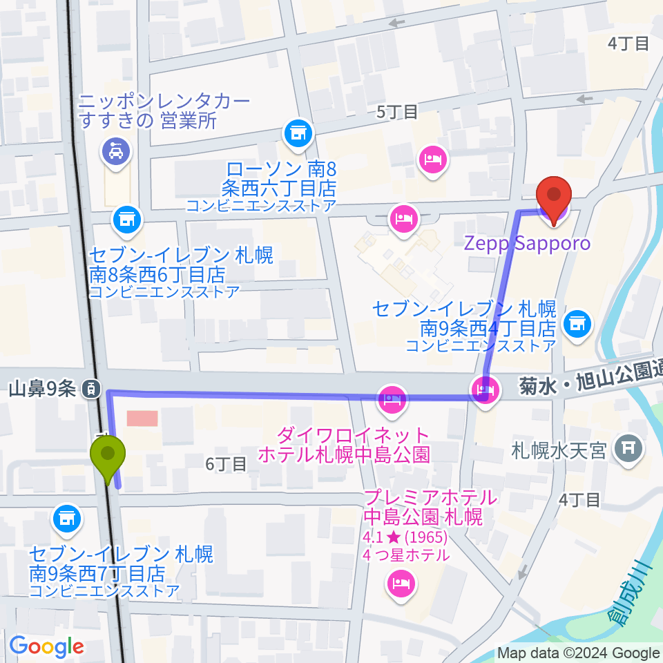 山鼻９条駅からZepp札幌へのルートマップ地図