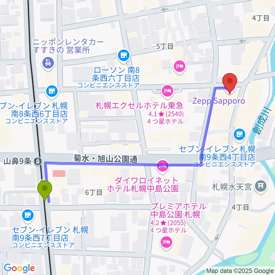 山鼻９条駅からZepp札幌へのルートマップ地図