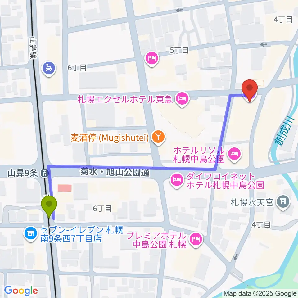 山鼻９条駅からZepp札幌へのルートマップ地図