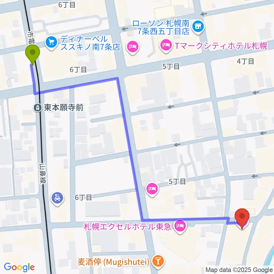 東本願寺前駅からZepp札幌へのルートマップ地図